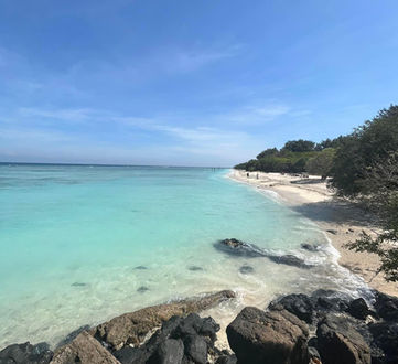 A serene and picturesque beach scene featuring the clear turquoise waters of the Caribbean Sea gently lapping against a white sandy beach, with a rocky foreground and lush greenery in the distance under a clear blues