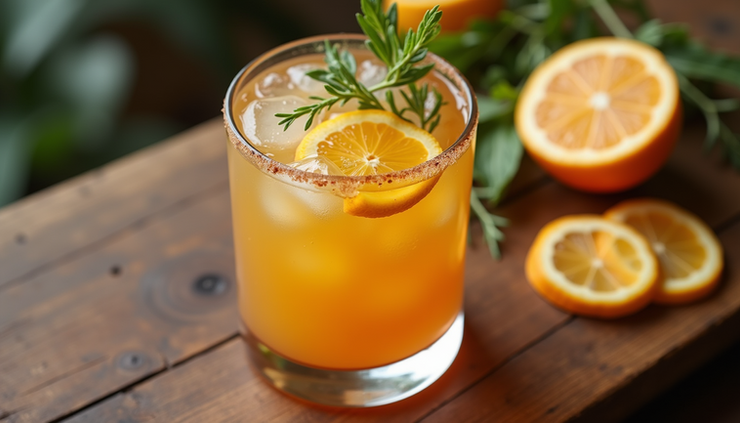 High angle view of a honey shrub cocktail garnished with citrus slices and herbs