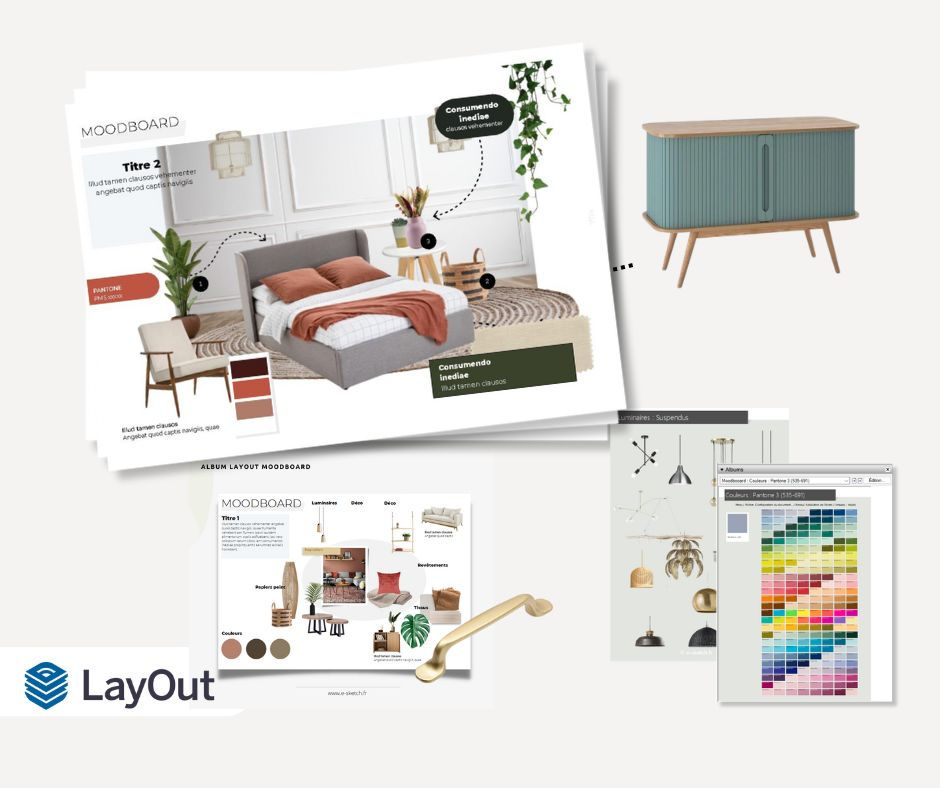 Présentation d'un moodboard, planche tendance avec couleurs et choix de mobilier réalisé avec le logiciel LayOut Sketchup