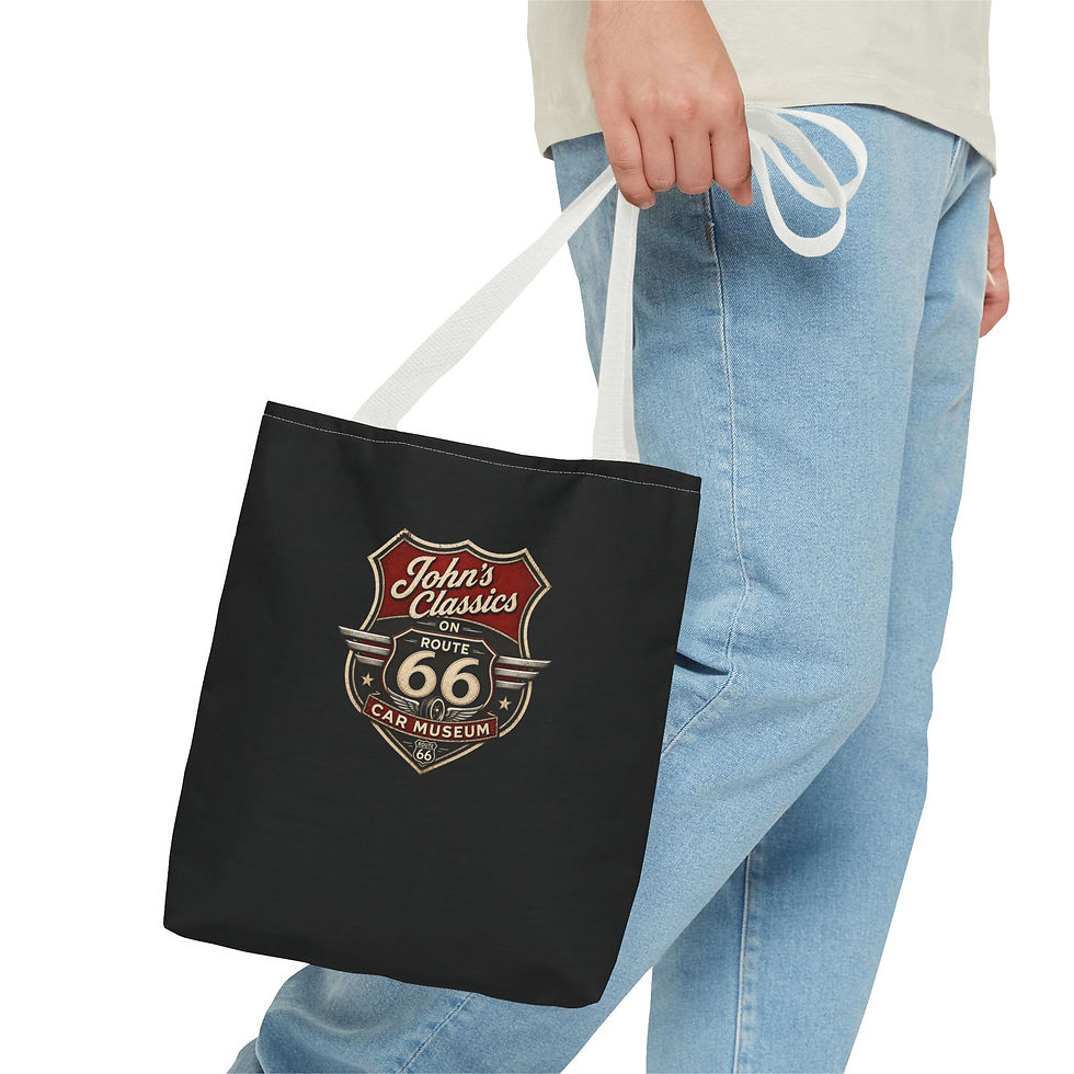 Thumbnail: Route 66 Car Museum Shield Tote Bag | Vintage Classic Cars Logo