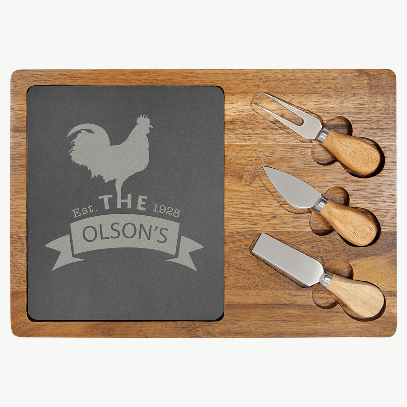 13 3/4" x 9 3/4" Acacia Wood/Slate Rectangle Cheese Set with Three Tools — JDS SLT087