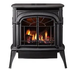 Vermont Castings Intrepid gas stove with cast iron design, ember bed, and IntelliFire Touch technology.