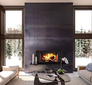 RSF Focus SBR wood fireplace, EPA certified, heats up to 1,500 sq ft with Smart Burn Rate system for efficiency.