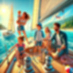 Eine fröhliche Familie auf einem Segelboot, bei der die Kinder spielen, Knoten lernen und das Steuer übernehmen