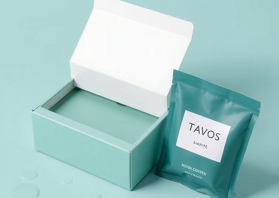 product packaging box and pouch (3), sleek & clean, brand name on it (TAVOS), teal colour.