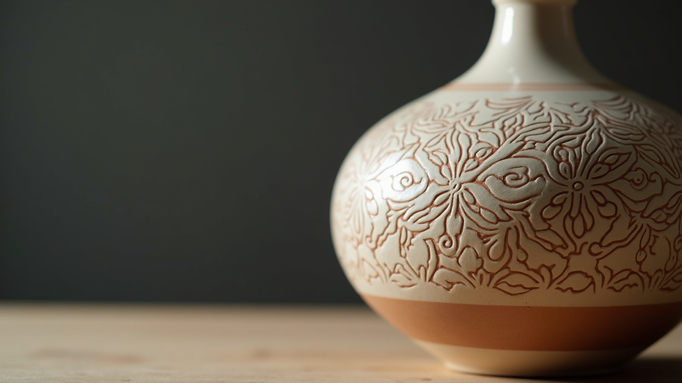 Close-up view of a handcrafted ceramic vase with intricate patterns