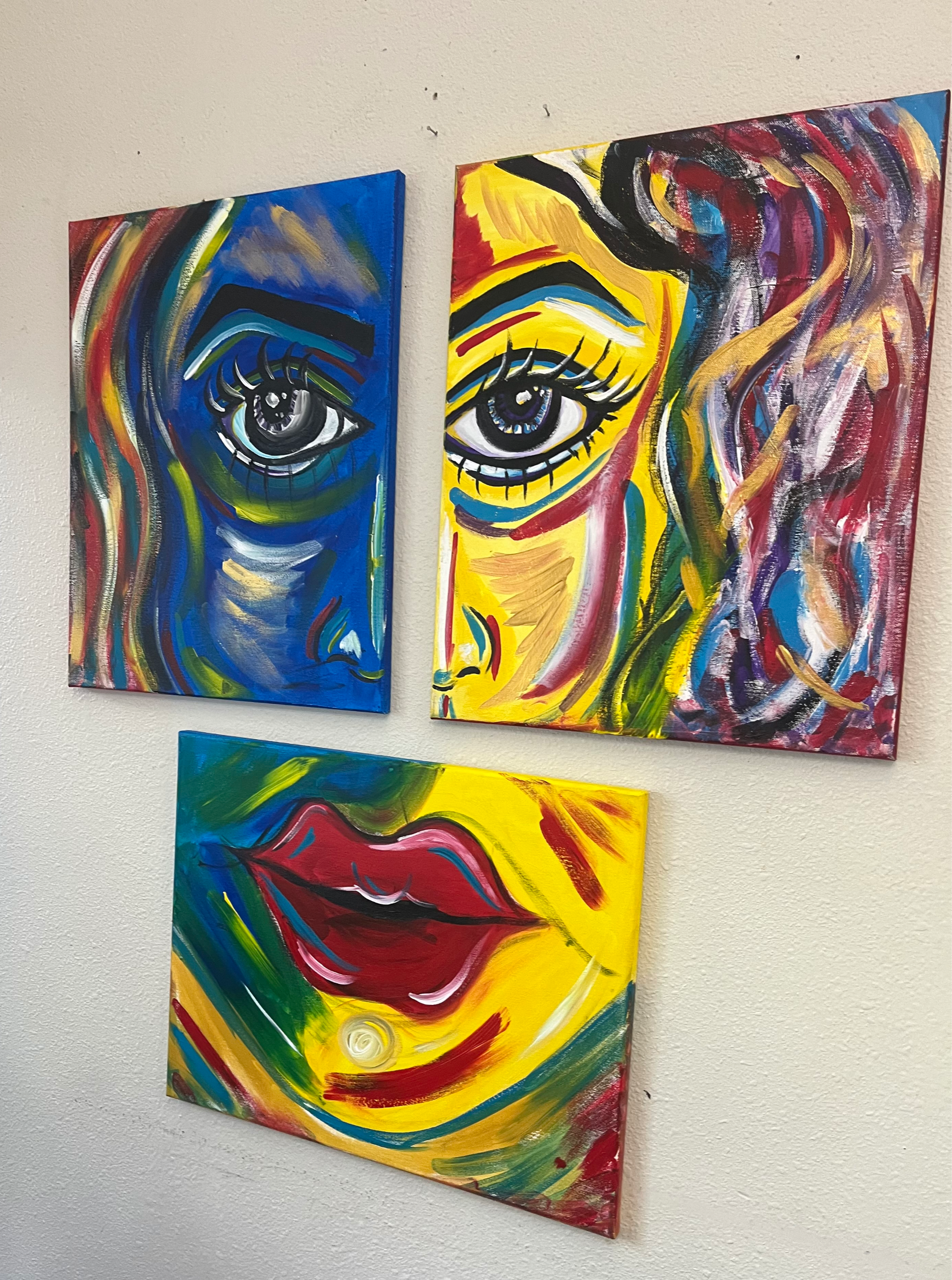 "Three Faces" Original Three Piece 16x20 canvases, Acrylic on Canvas