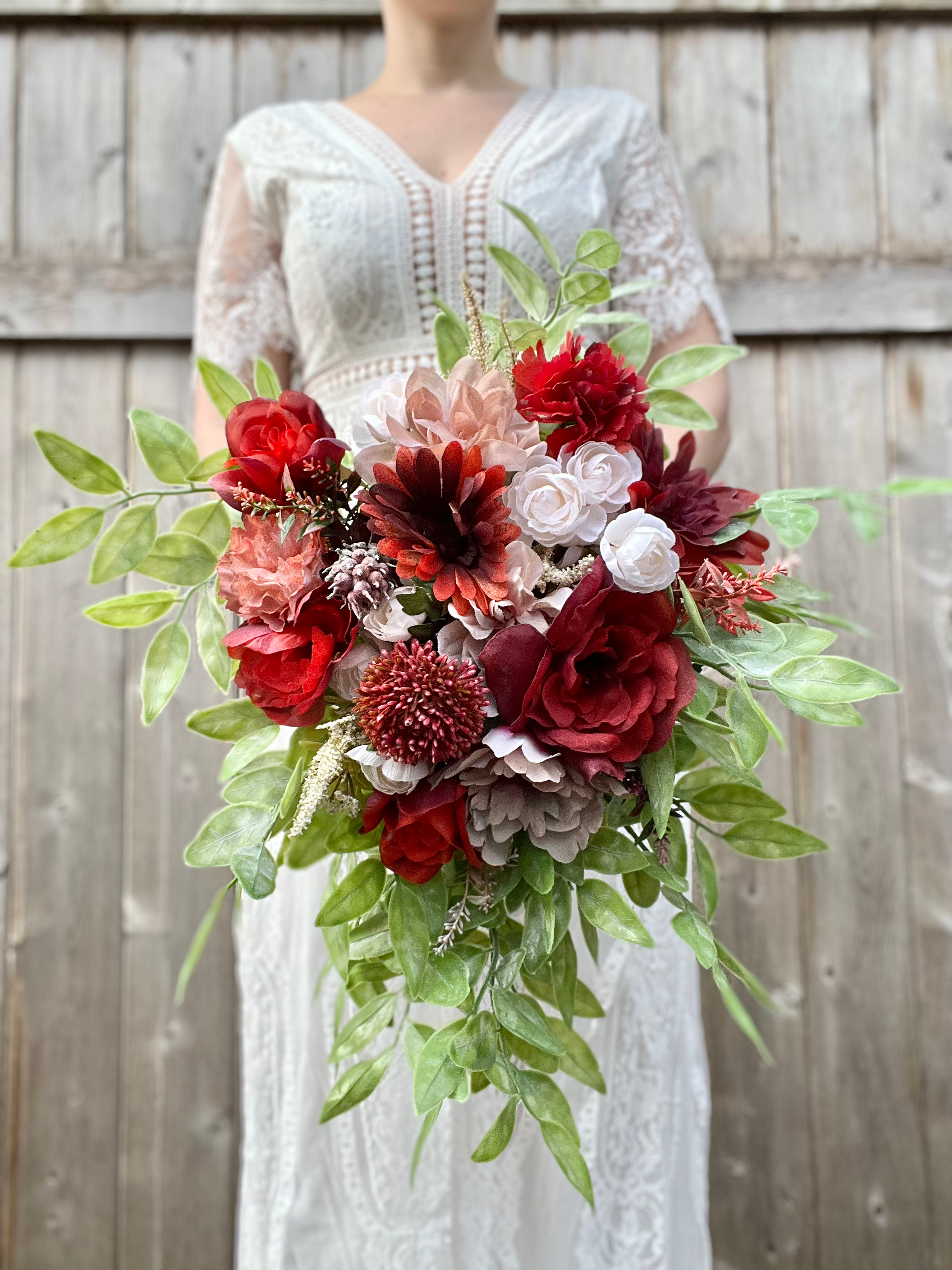 Bridal cascade bouquet, red pink and orange combo