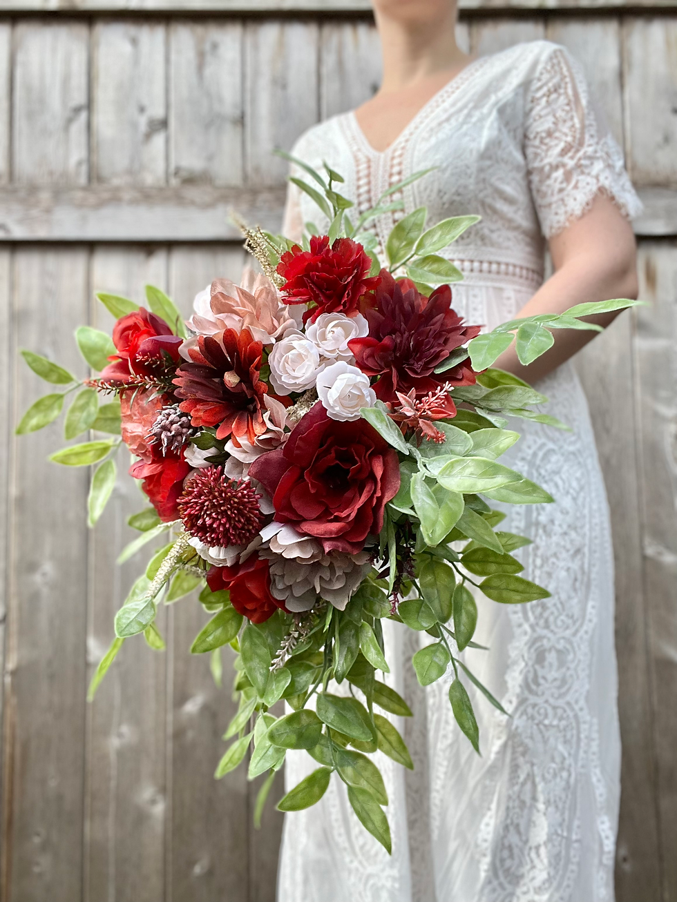 Thumbnail: Bridal cascade bouquet, red pink and orange combo 