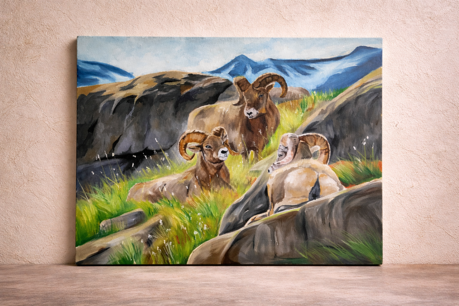 Handmade Mountain Wildlife Painting – Bighorn Sheep Canvas Art