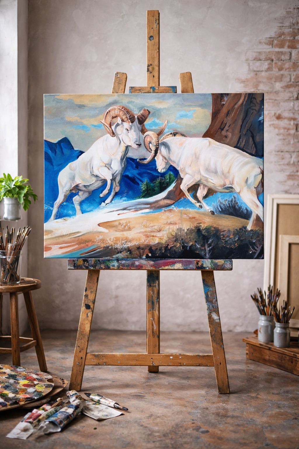 Hand-Painted Mountain Rams Oil Painting on Canvas
