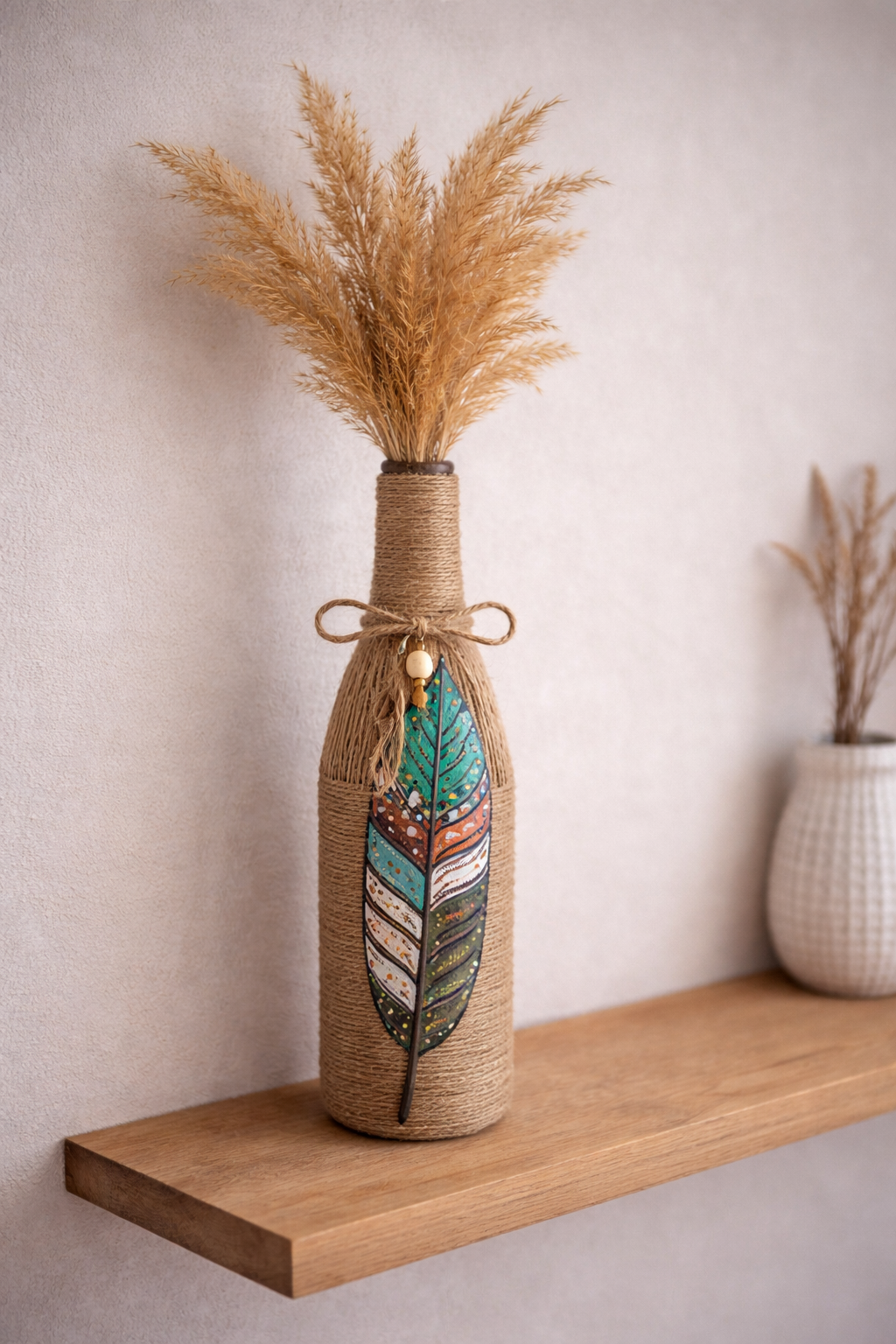 Feather & Rope Wrapped Bottle – Boho Handmade Decor