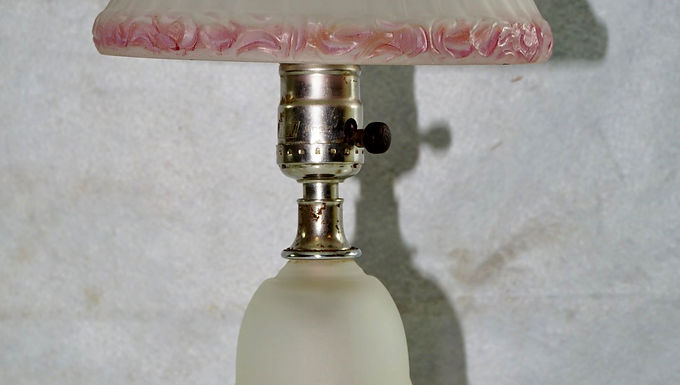 1930s - 40s Glass Table Lamp With Floral Pink Shade