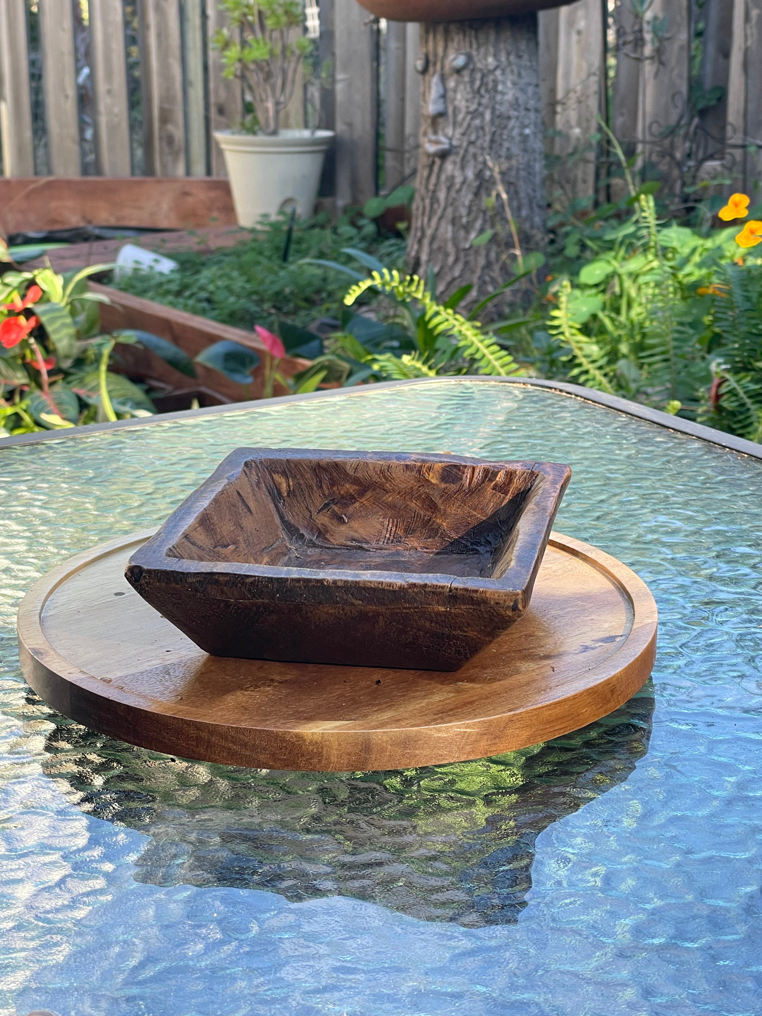 Hand carved wood square bowl