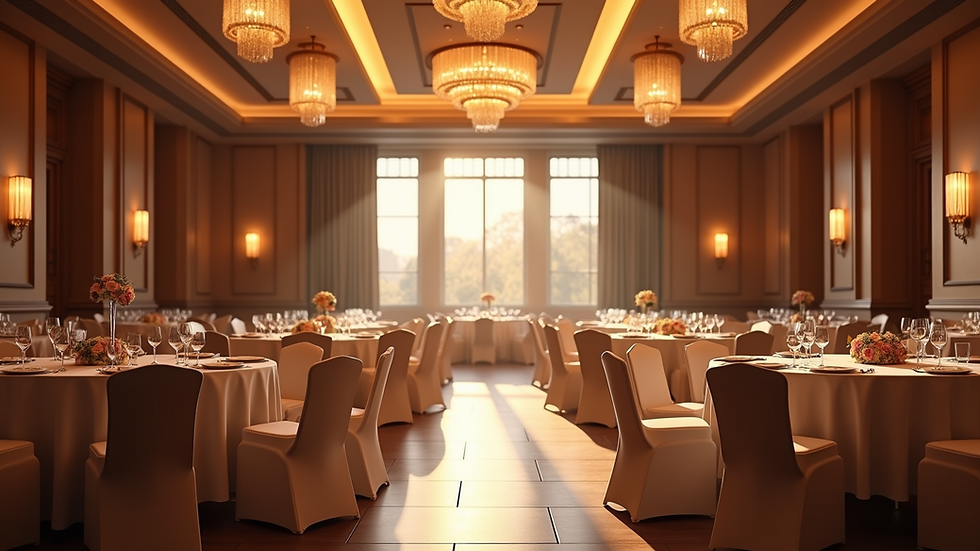 Eye-level view of a spacious event hall with tables and chairs arranged for a banquet