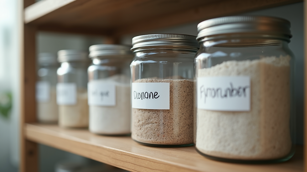 Close-up of labelled clear storage containers on a kitchen shelf