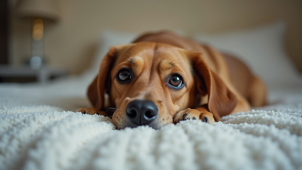 Eye-level view of a dog resting comfortably on a cozy bed