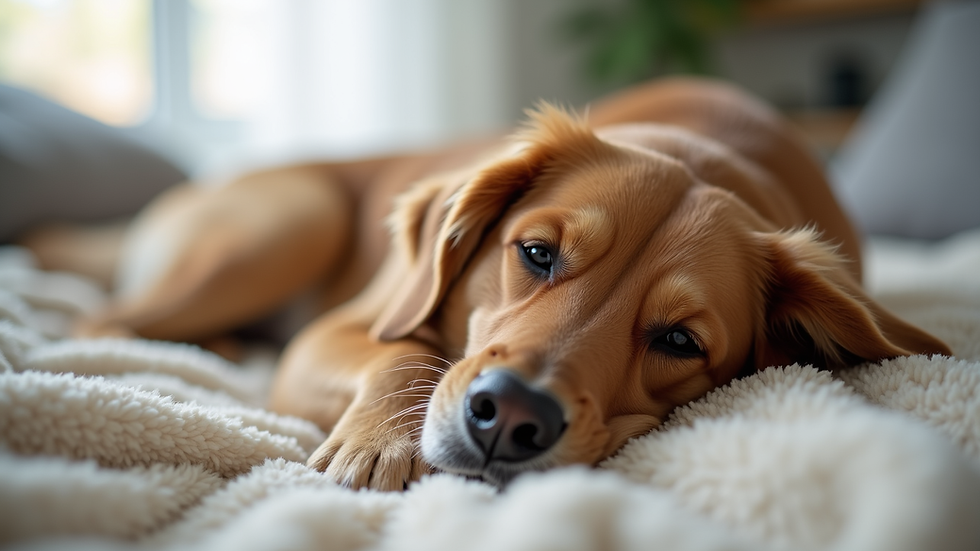 Close-up view of a calm dog resting on a soft blanket in a home setting