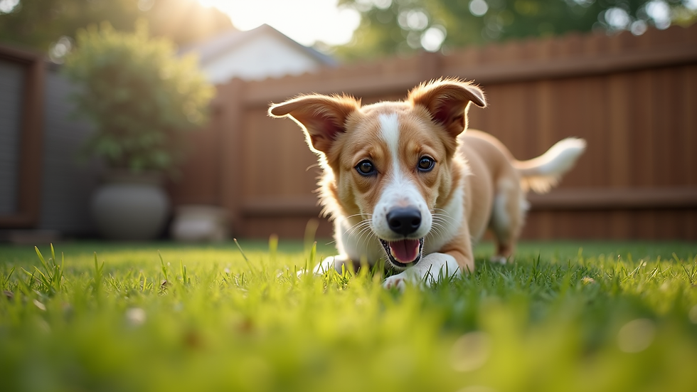 Close-up view of a dog playing in a fenced backyard