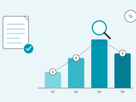 Illustration of quarterly estimated tax modeling for business owners, showing rising Q1–Q4 payment bars, a dashed trend line, and a magnifying glass highlighting the peak quarter