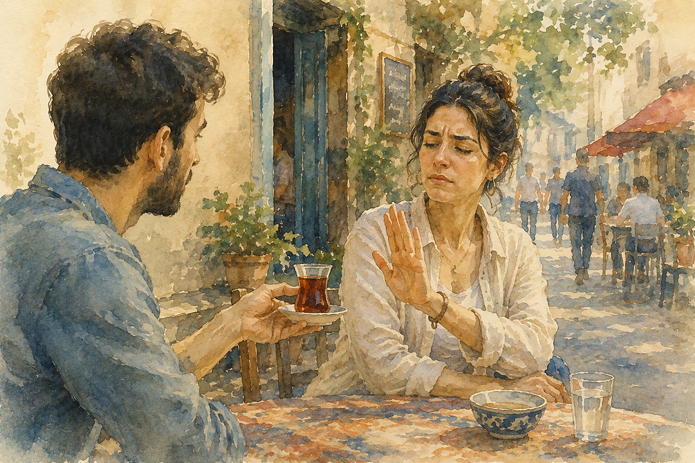 A watercolor illustration of two people sitting at an outdoor café in Türkiye, with one person politely refusing an offered glass of Turkish tea by raising an open hand, while a quiet street scene unfolds in the background.