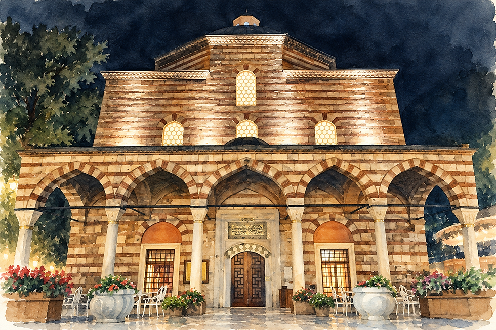 Watercolor illustration of the historic Hürrem Sultan Hamamı in Istanbul, illuminated at night near Hagia Sophia.