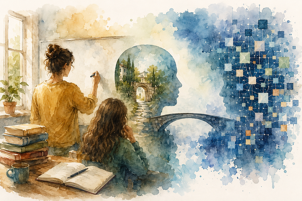 Watercolor illustration of a Turkish lesson scene with a teacher, student, books, a human head silhouette, and an abstract AI network connected by a bridge.