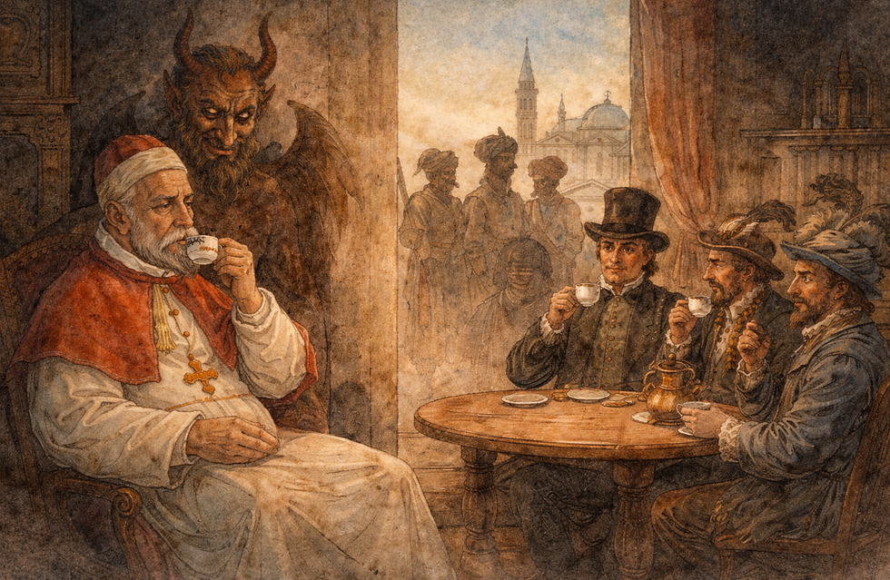 horizontal watercolor illustration of a 17th-century European coffeehouse scene, with people gathered around a table drinking coffee from small cups, and a copper cezve placed at the center.