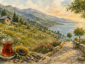 Watercolor illustration of a Turkish summer landscape connecting a highland yayla, with a wooden house and pine trees, to a coastal town by the sea, with a glass of tea and sunflower seeds resting on a stone ledge in the foreground.