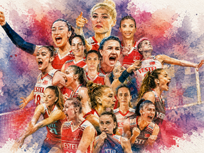 Watercolor-style illustration of the Turkish women's national volleyball team, known as Filenin Sultanları, with players in red and white uniforms layered over a volleyball net on a textured paper background.