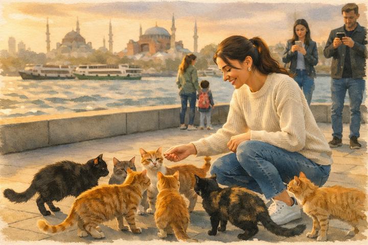 Watercolor illustration of Istanbul street cats resting near historic buildings and the sea, symbolizing the city’s warmth and quiet companionship.