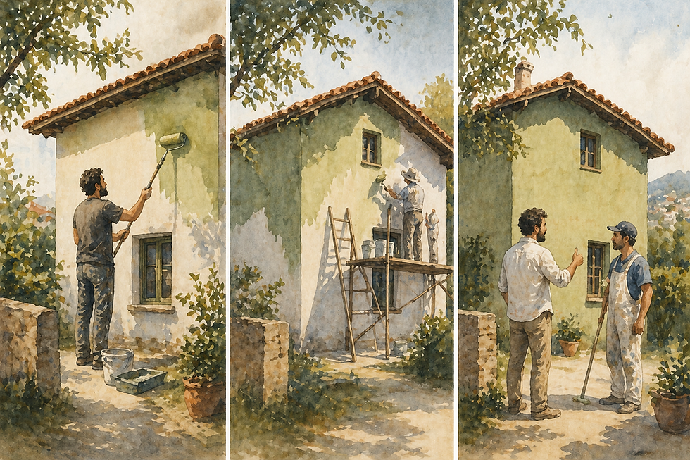 Watercolor illustration showing three scenes of a house being painted: one person painting it, the house partly painted, and a homeowner speaking with a painter after the work is done.