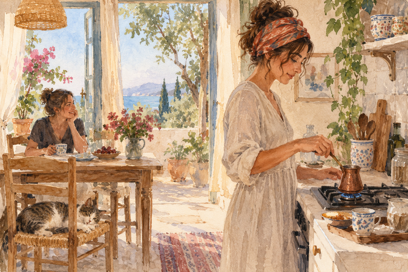 Woman making Turkish coffee in a cezve in a sunlit kitchen while her friend sits at the table with a cat nearby.