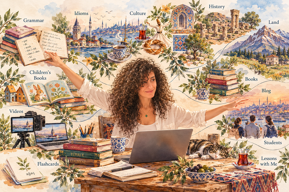 Watercolor illustration of Seda connecting Turkish grammar, idioms, culture, history, literature, landscapes, books, videos and students on Learn Turkish with Seda.