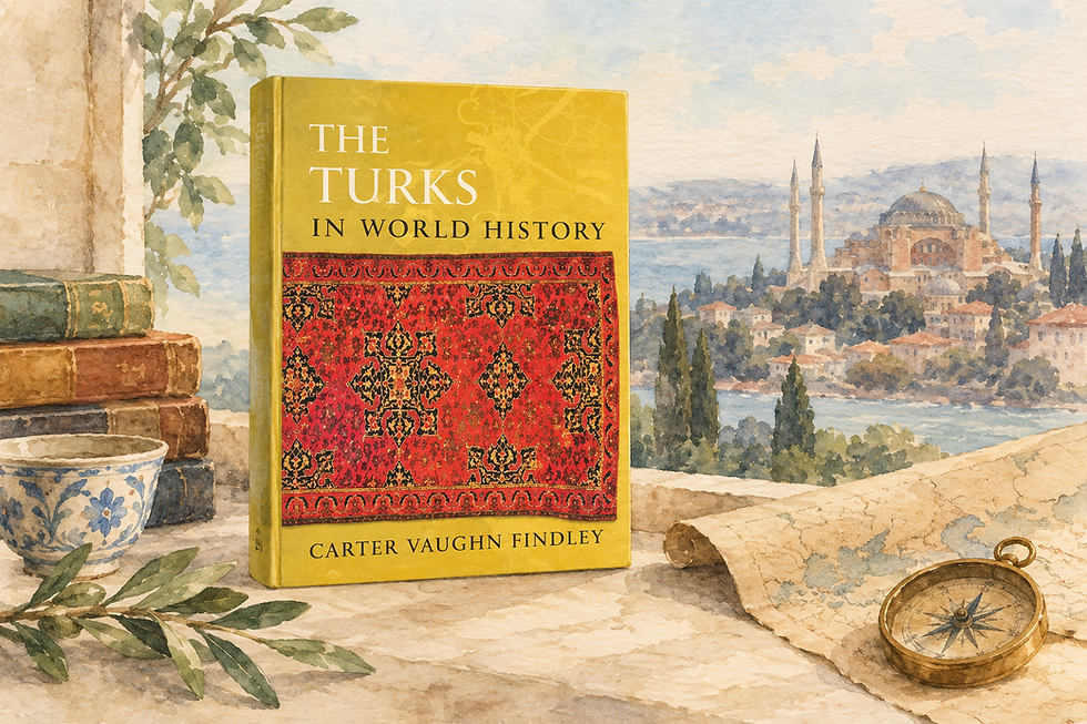 Watercolor illustration of Carter V. Findley’s The Turks in World History with its yellow and red book cover.