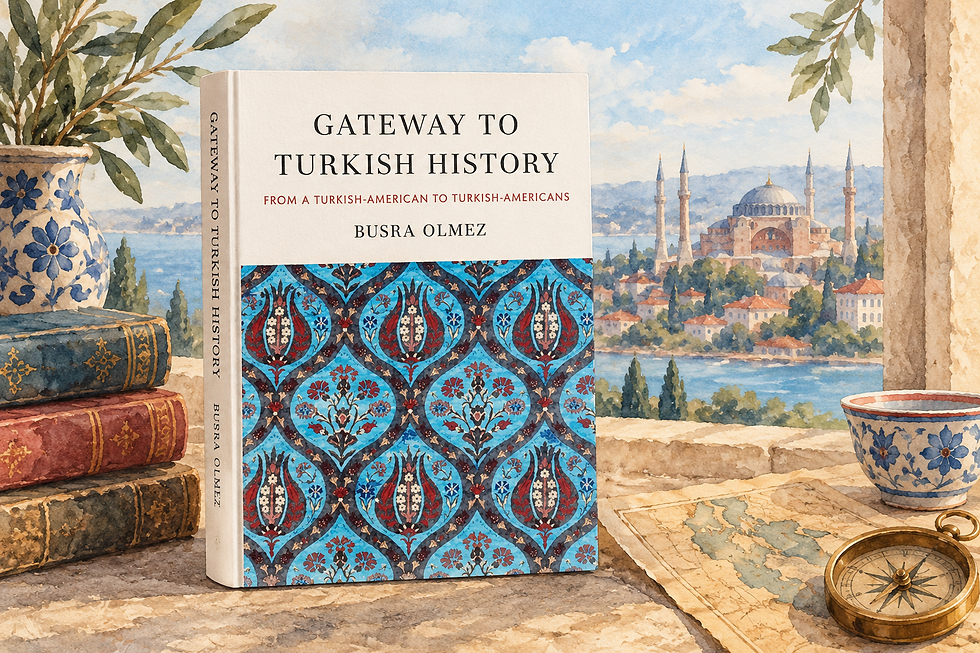 Watercolor illustration of Gateway to Turkish History by Busra Olmez, displayed with historical books, an antique map, compass, Turkish tea, and an Istanbul waterfront scene.
