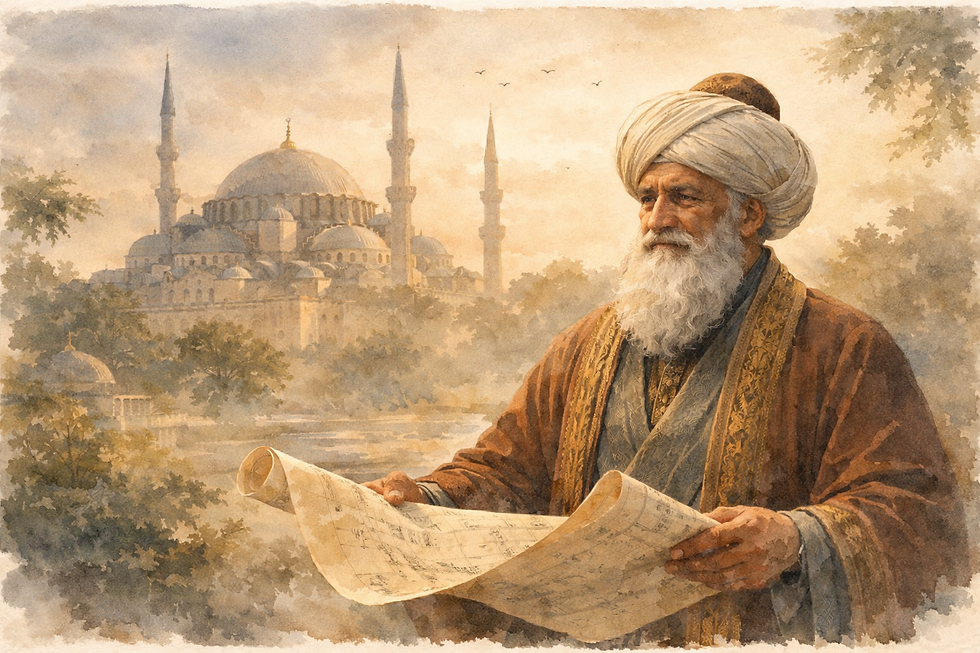 Mimar Sinan holding architectural plans in front of the Süleymaniye Mosque, symbolizing Ottoman engineering, architectural balance, and the philosophy of silence in classical Turkish architecture.