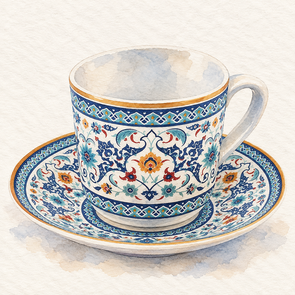 Watercolor illustration of a traditional Turkish coffee cup filled with Turkish coffee in a sunlit Turkish home setting