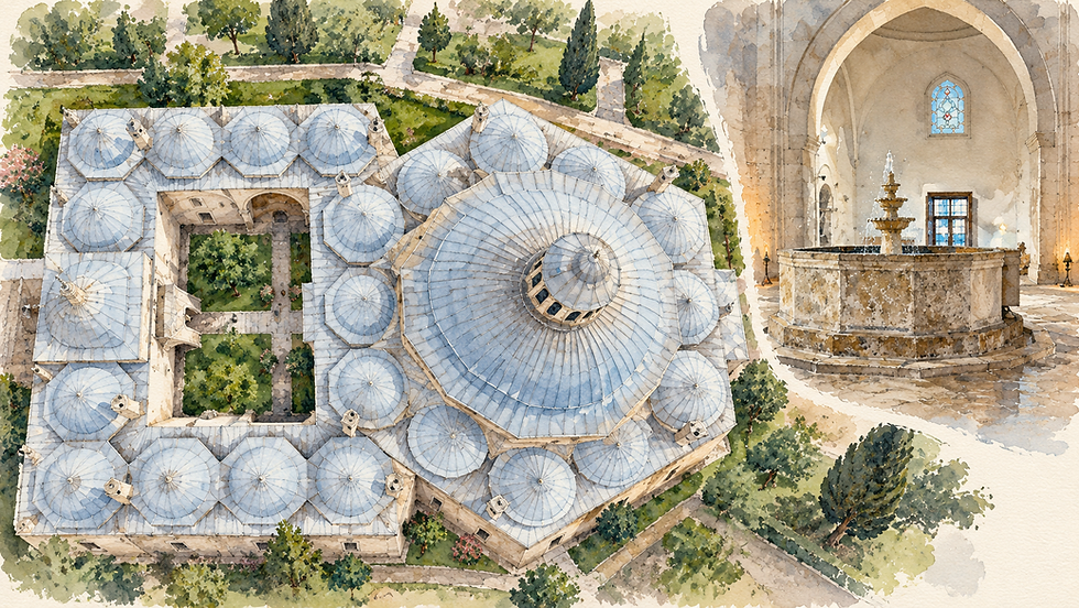 Watercolor aerial view of the hexagonal Ottoman hospital at the Sultan Bayezid II Complex in Edirne, Türkiye, featuring its lead-covered domes and historic interior fountain.