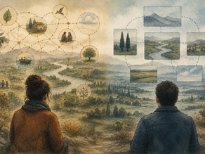Two people sit on a hillside overlooking the same landscape, with different visual patterns above them representing two ways of perceiving the same world.