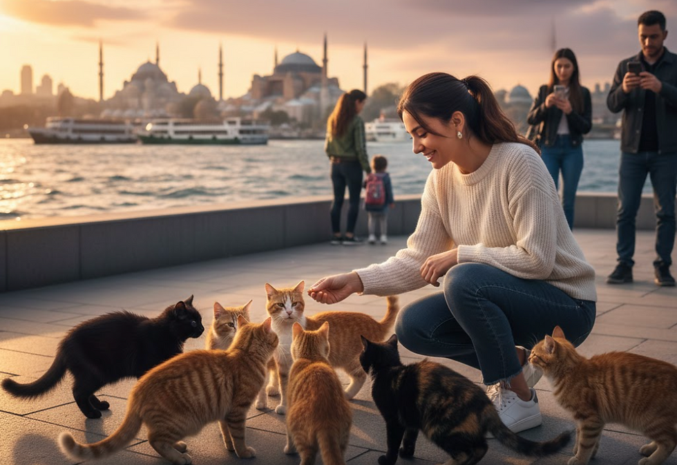 A woman in a sweater kneels to feed cats by a waterfront at sunset in İstanbul. People and ferries are in the background, creating a serene mood.