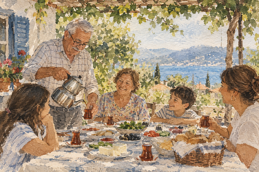 A Turkish family having breakfast outdoors in a summer garden as a grandfather pours tea from a traditional çaydanlık into ince belli tea glasses.