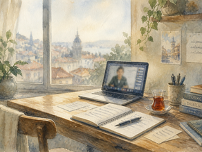 A calm watercolor study corner with a laptop showing an online Turkish lesson, a notebook, scattered papers, a pen, and a Turkish tea glass near a softly lit window.