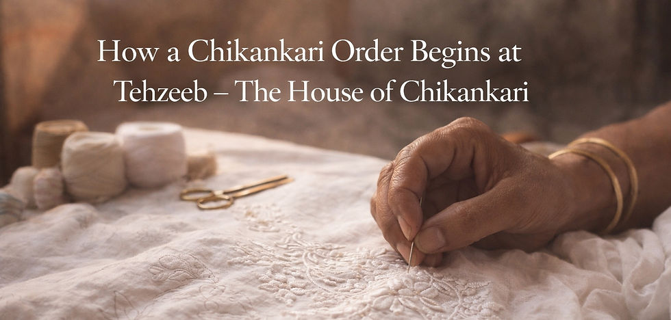 Chikankari artisan hand-embroidering white fabric with needle and thread in natural light