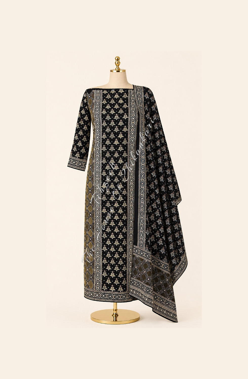 Thumbnail: Black Ajrakh Modal Silk Suit Set – Lucknowi Chikankari & Zardozi Jaali