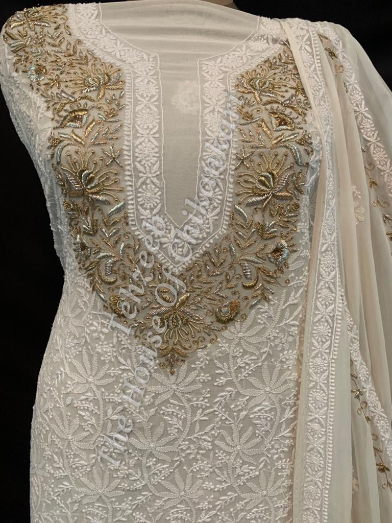 Thumbnail: Teen Taar Zardosi Chikankari Suit