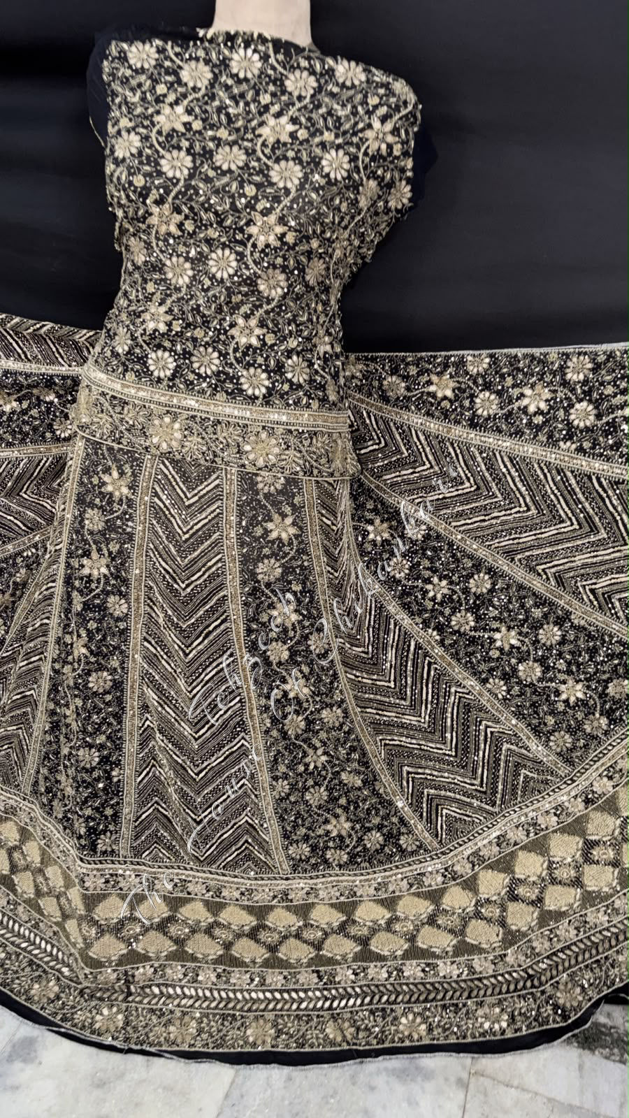 Thumbnail: Black Georgette Chikankari Lehenga Set – Chevron & Antique Zardozi