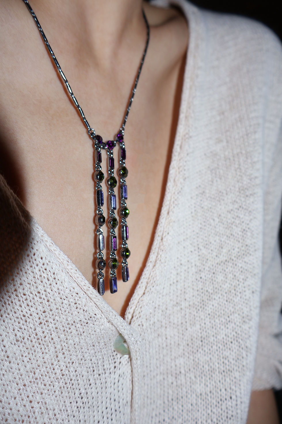 Thumbnail: Givenchy Crystal Waterfall Pink/Purple/Green Rhinestone Metal Necklace