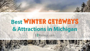 Snow-covered road winding through a winter forest in Michigan with evergreen trees on both sides, representing the best winter getaways in Michigan - thumbnail