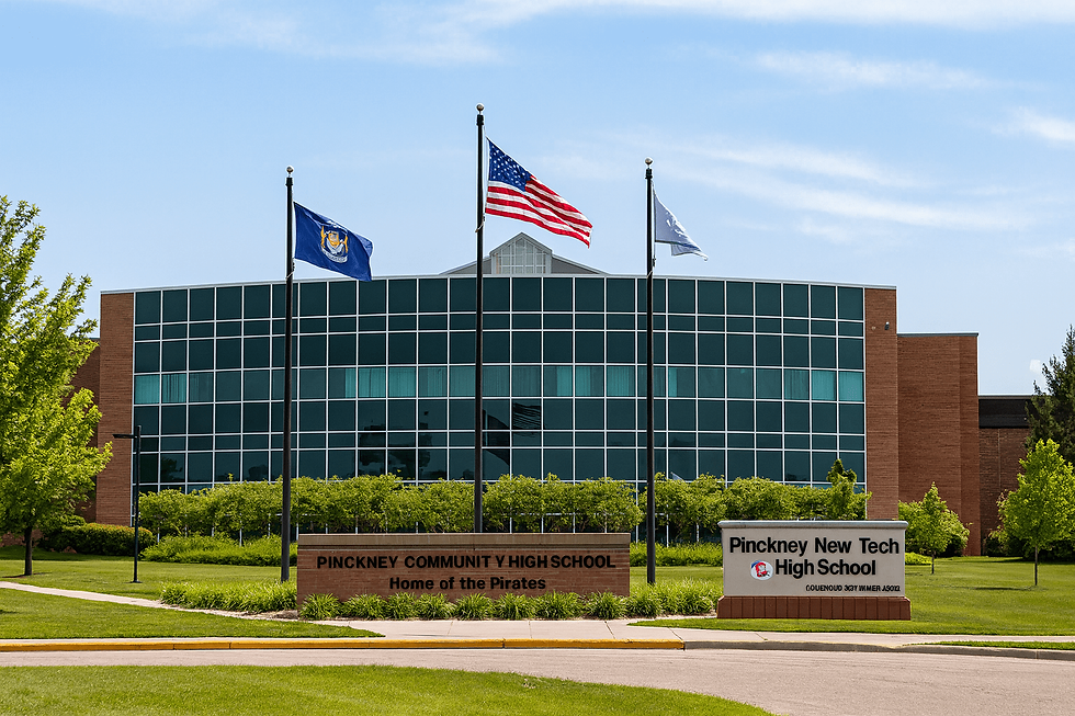 Pinckney High School front entrance, known for outdoor and STEM learning in Livingston County